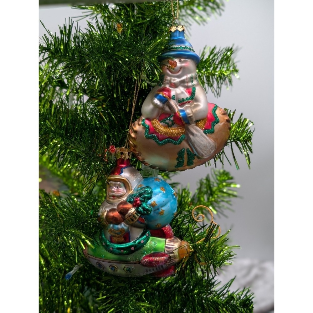 Retro Whimsical Novelty Blown Glass Ornaments Santa Rocket & Snowman Canoe